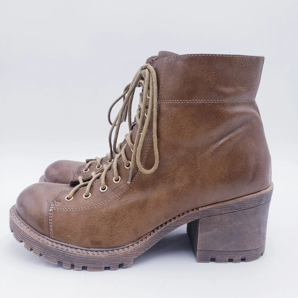 Vintage 90s Y2K Platform Lace Up Boots Chunky Brown Faux Leather Women's Size 10